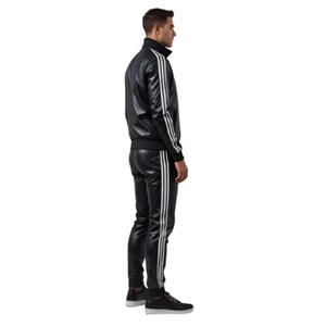May include: Black tracksuit with white stripes. The jacket has a zip-up front and a stand-up collar. The pants are form-fitting. The outfit is made of a shiny material. The person is wearing black sneakers.