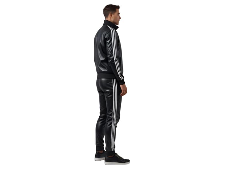 May include: Black tracksuit with white stripes. The jacket has a zip-up front and a stand-up collar. The pants are form-fitting. The outfit is made of a shiny material. The person is wearing black sneakers.