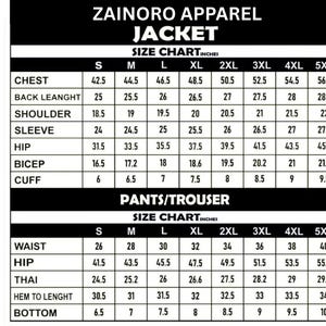May include: A black and white size chart for Zainoro Apparel jackets and pants/trousers. The jacket size chart includes chest, back length, shoulder, sleeve, hip, bicep, and cuff measurements in inches. The pants/trouser size chart includes waist, hip, thai, hem to length, and bottom measurements in inches.
