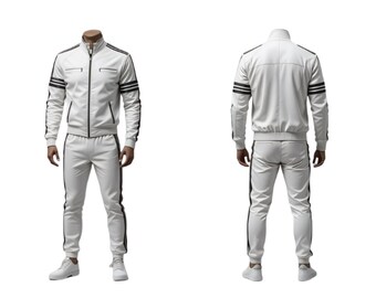 メンズ ホワイト トラックスーツ ブラック ストライプ - ストリートウェア アスレチック トラックセット、フルジップ ジャケット & ジョガーパンツ、ヒップホップ カジュアル スポーツウェア