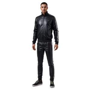 May include: Black leather track suit with white stripes on the sleeves and legs. The jacket has a high collar and a zipper closure. The pants have an elastic waistband. The person is wearing black sneakers.