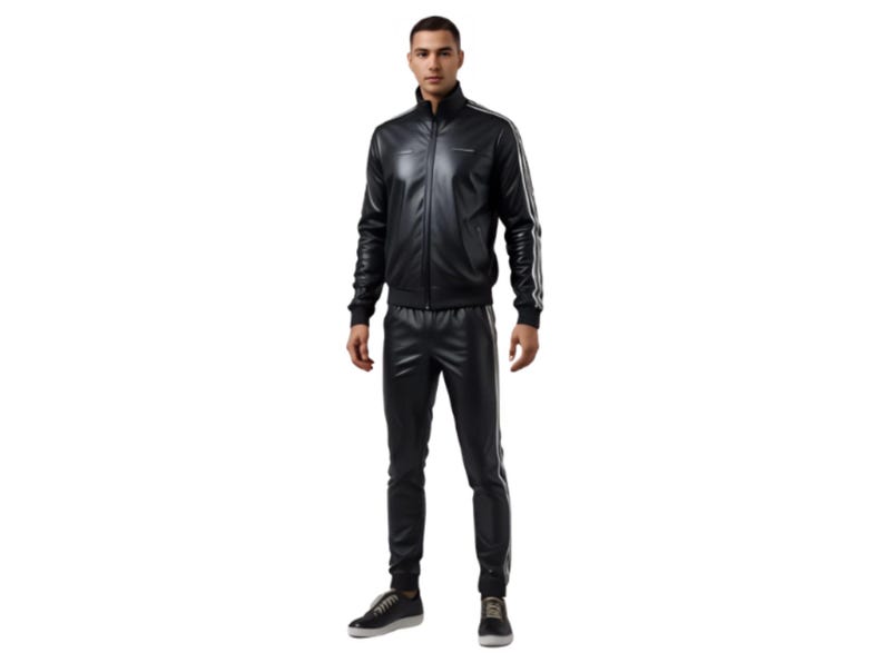 May include: Black leather track suit with white stripes on the sleeves and legs. The jacket has a high collar and a zipper closure. The pants have an elastic waistband. The person is wearing black sneakers.