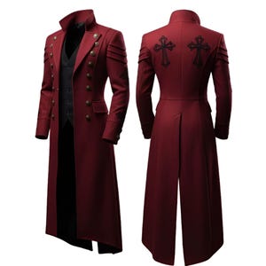May include: A burgundy long coat with a high collar and multiple gold buttons. The coat features a black vest underneath and decorative stitching on the shoulders. The back of the coat has two embroidered black crosses.