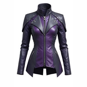 Puede incluir: Chaqueta de cuero de dos tonos en morado y gris oscuro. Tiene cuello alto, cremallera frontal y varios bolsillos con cremallera. El diseño incluye detalles en los hombros y un corte entallado. Adecuada para ropa de abrigo.