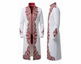 Men’s White Cotton Embroidered Coat | Victorian Royal Tailcoat | Baroque Long Jacket | Red Embroidery Formal Coat | Handmade Custom Outfit