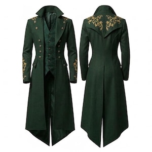 May include: A dark green long coat with gold embroidery on the shoulders and sleeves. The coat has a double-breasted front with decorative buttons and a matching vest. The back of the coat is also visible.