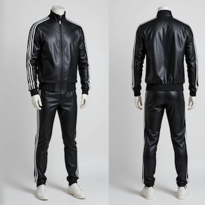 Men’s Black Leather Tracksuit with White Stripes – Handmade Faux Leather Track Suit, Full Zip Jacket & Pants Set, Streetwear Sports Outfit