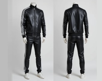 メンズ ブラックレザー トラックスーツ ホワイトストライプ – ハンドメイド フェイクレザー トラックスーツ フルジップ ジャケット＆パンツセット ストリートウェア スポーツウェア