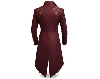 Victorian Gothic Vampire Coat | Maroon Steampunk Trench Jacket | Embroidered Cotton Overcoat for Men | Festival & Cosplay Wear