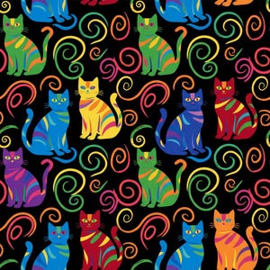May include: A repeating pattern of colorful cats and swirling designs on a black background. The cats are in various colors, including blue, green, yellow, and red, with striped patterns. The swirls are in shades of orange, yellow, and pink.