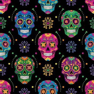 May include: A repeating pattern of colorful sugar skulls on a black background. The skulls are decorated with floral designs in shades of blue, green, pink, and purple. The design includes yellow and white accents.