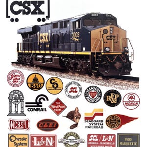 May include: A vintage print featuring a navy blue and gold CSX locomotive, model 3003, with various railroad logos. The image includes logos for Atlantic Coast Line, B&O, Seaboard, and others, showcasing railroad history and memorabilia.