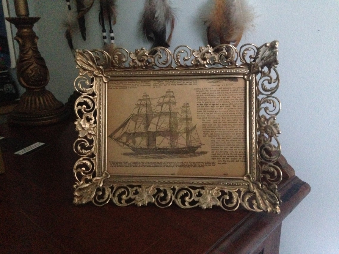 Antique Ship Print in Vintage Ornate Brass Frame Etsy