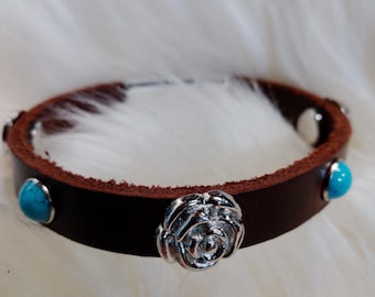 Leather Bracelet: Silver Roses, Turquoise, Magnetic Clasp (5-8in)