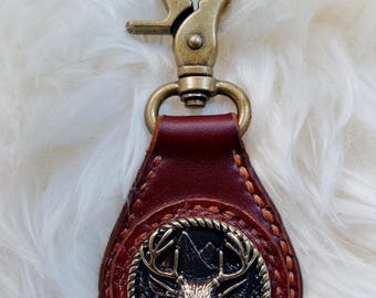 Leather and Bronze Key Chain Handmade Spirit Buck