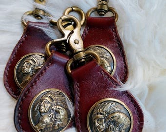 Leather Keychain Brown with Antique Bronze Snap and Nativ American Concho