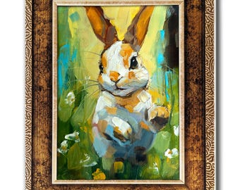 Bunny Oil Painting – Whimsical Rabbit Art, Original Animal Wall Art