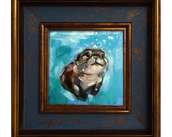 Peinture à l'huile de loutre : Art original d'animal nageur fantaisiste, art mural peint à la main