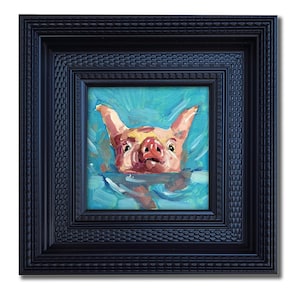 Funny Piglet Oil Painting – Swimming Pig Wall Art 4x4” – Whimsical Farm Animal Decor – Original Pet Portrait – Cute Kitchen Gift