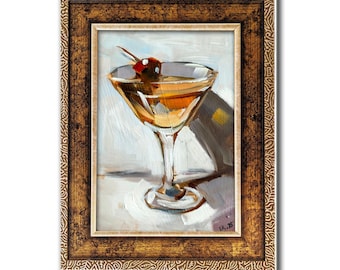Peut inclure: Peinture à l'huile d'un cocktail dans un verre à pied, garni d'une cerise. L'œuvre est dans un cadre doré décoratif. La boisson est de couleur ambre et le fond est blanc avec des ombres.