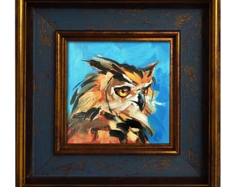 Owl Oil Painting: Whimsical Bird Portrait, Original Small Art
