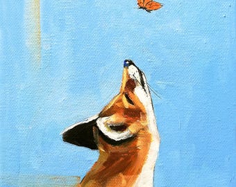 Peinture à l'huile originale de renard et de papillon, art animalier de la faune, décoration murale minimaliste de renard