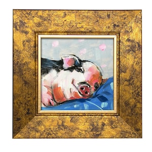 Funny Pig Original Oil Painting – Sleeping Farm Animal Art, 4x4&quot; Mini Wall Decor Gift
