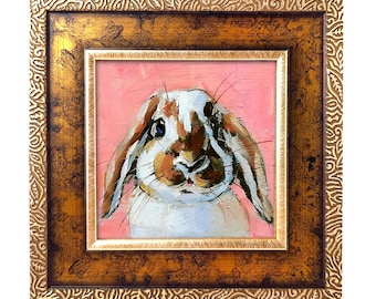Rabbit Oil Painting: Whimsical Bunny Portrait, Original Animal Art