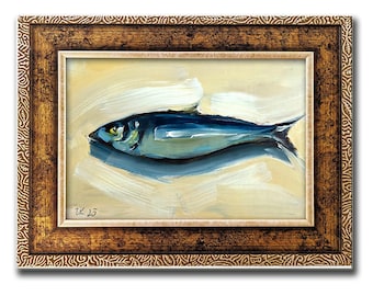 Sardine Oil Painting – Coastal Kitchen Fish Still Life, Original Seafood Wall Art