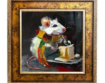 Whimsical Mouse Oil Painting: Original Funny Kitchen Animal Art