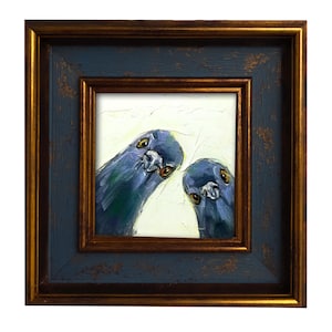 Funny Pigeons Oil Painting – Whimsical Bird Art, Original Miniature (4x4” & More Sizes)