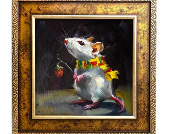 Mouse with Strawberry Oil Painting: Original Whimsical Animal Fruit Wall Art