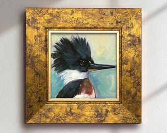 Belted Kingfisher Oil Painting – Original Bird Portrait, Wildlife Art