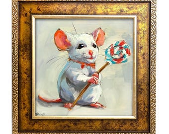 Mouse Oil Painting: Whimsical White Mouse with Lollipop Original Art