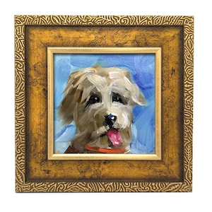 Shaggy Puppy Dog Original Oil Painting – Cute Fluffy Pet Portrait, Whimsical Mini Wall Art, 4x4&quot; Dog Lover Gift