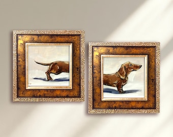 May include: Two square framed paintings featuring a brown dachshund. The left frame shows the rear of the dog, while the right frame shows the front of the dog. Both artworks are encased in ornate, textured, metallic gold-toned frames.