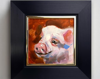 Peinture à l'huile d'un porcelet – Œuvre originale, petit tableau d'animaux de la ferme à offrir