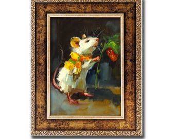 Whimsical Mouse Oil Painting – Original Animal Art with Scarf & Strawberry