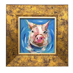 Swimming Piglet Oil Painting – Funny Pig Wall Decor 4x4” – Whimsical Farm Animal Art – Original Kitchen Gift – Cute Pet Portrait
