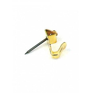 May include: Gold-toned metal hook with a pointed nail for hanging items on a wall.