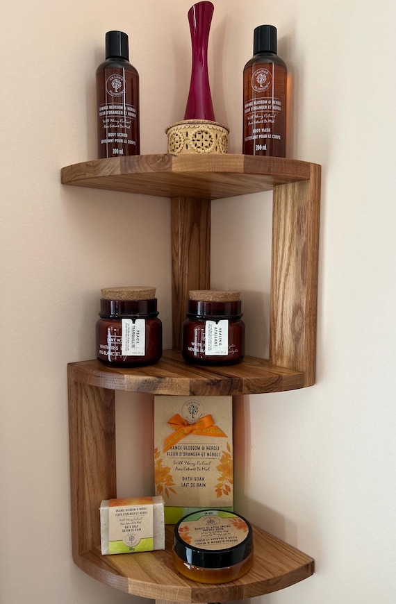 Handcrafted Corner Shelf | Solid Wood Wall Shelf | Small Space Organizer | Farmhouse Bathroom Shelf | Floating Shelf for Kitchen or Entryway
