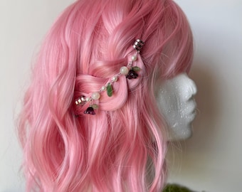 Purple Floral Hair Chain Cuff — Bellflower Pearl Glass Bead Cottagecore Handmade Accessory