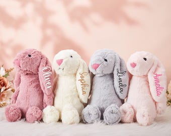 Conejito personalizado con nombre, lindo conejo bordado, conejo de peluche suave, conejo de peluche para niña de las flores, regalo de baby shower, regalo para recién nacido, regalo para niño
