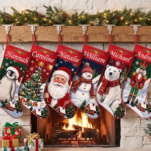 May include: Six red Christmas stockings hanging in a row, each featuring a unique holiday illustration including a penguin, Christmas tree, Santa Claus, snowman, polar bear, and nutcracker, with the names Hannah, Caroline, Natalie, William, Michael, and Andrew.