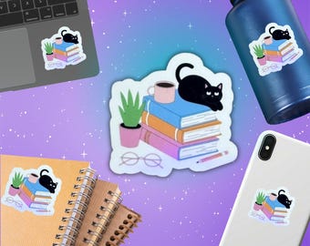 Sticker Black Cat on Books – cadeau boekenliefhebber, laptopsticker