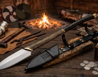 May include: A spear with a polished metal blade and a long, gold-toned shaft featuring intricate engraved patterns. The handle is wrapped in black material, and it is accompanied by a black leather sheath with metal rivets and straps.
