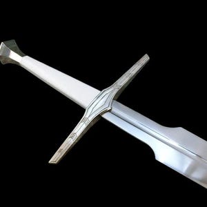 May include: A silver and white sword with a crossguard and a white handle. The blade is silver and the handle is white. The crossguard has a decorative design. The sword is set against a black background.