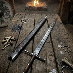 May include: A steel sword with a brown leather-wrapped hilt and a matching dark leather scabbard featuring circular patterns. The sword is placed on a weathered wooden table alongside small metal coins, silver-toned arm rings, and animal bones.