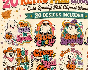 20 Retro Halloween Ghost PNG Bundle – Cute Spooky Fall Clipart, Shirt & Sublimation Designs