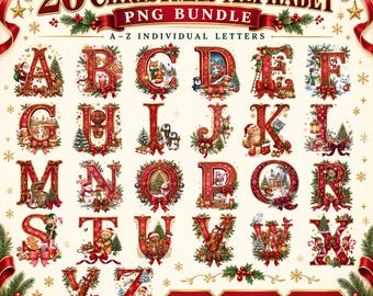 26 Vintage Christmas Alphabet PNG Bundle, Holiday Letters, Watercolor Monogram & Sublimation Clipart